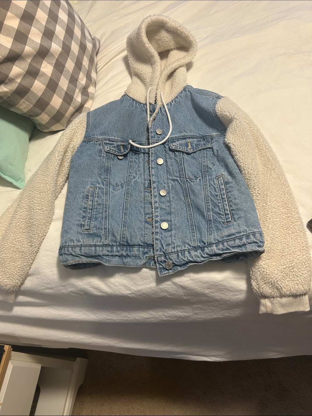 Kids Two-Tone Sherpa Hoodie Denim Jacket - Cream & Light Blue